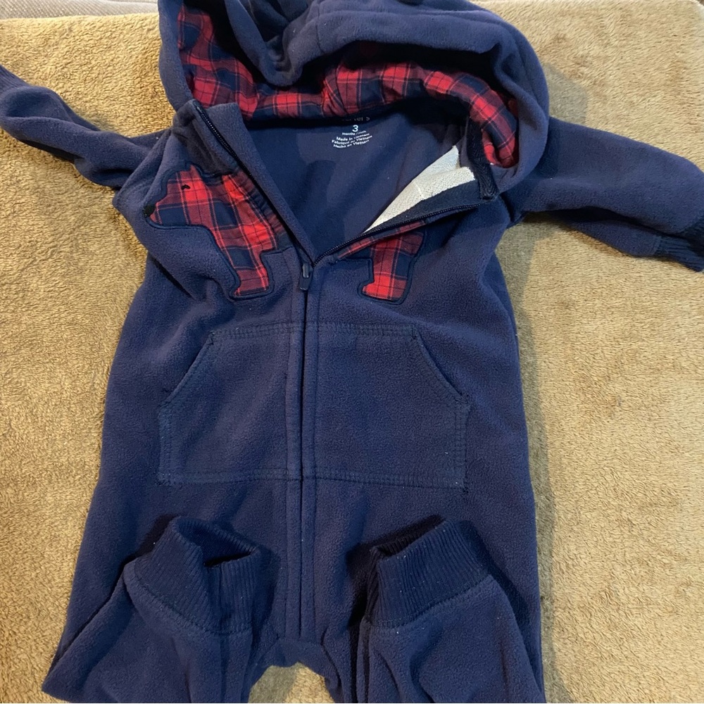 Carter's Plaid Bear Hooded Fleece Onesie - Red & Navy Blue EUC 0-3 mos